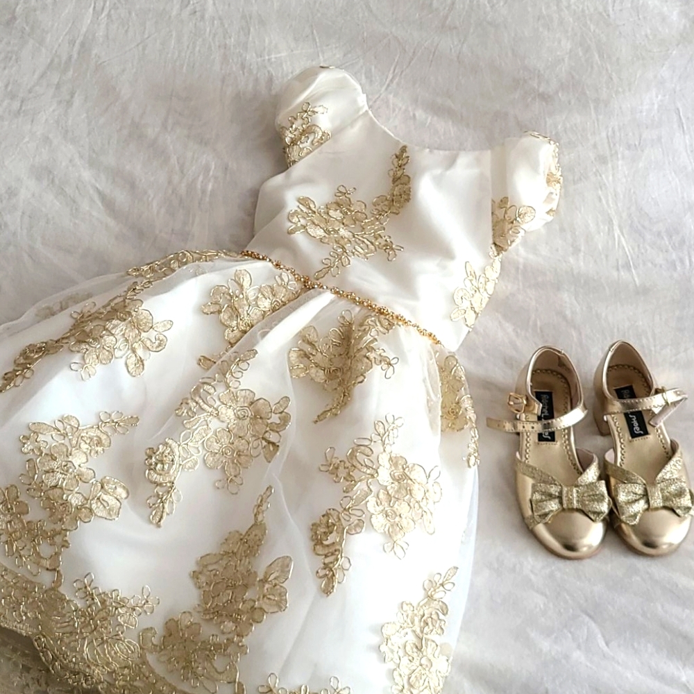 Beautiful Gold and Cream Dress with Gold shoes